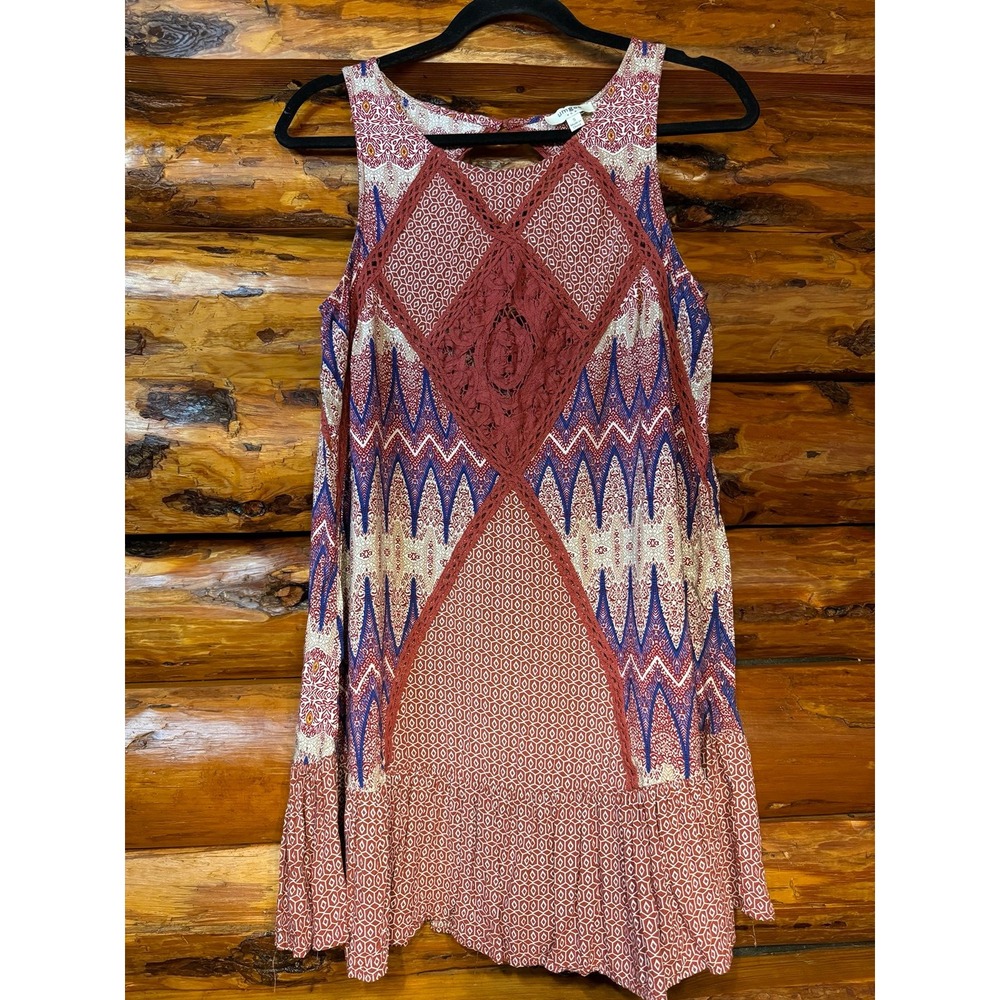 Umgee Patchwork Boho Crochet Mini Dress Size Small